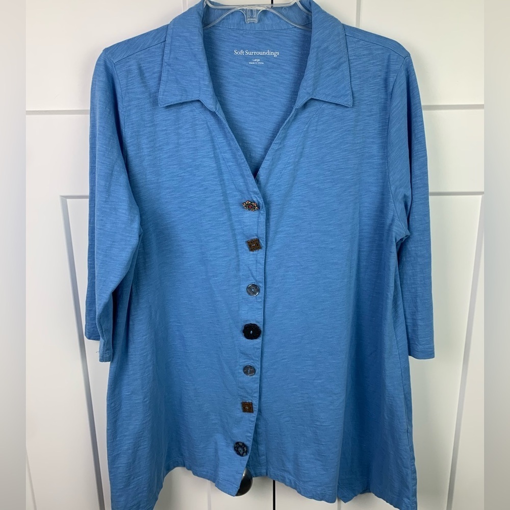Soft Surroundings LARGE button front blouse tunic Art to wear blue boho